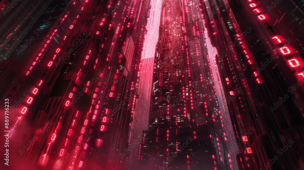 Poster An abstract city skyline with red binary code cascading down from buildings.