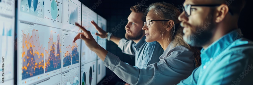 Aufkleber a business team collaborates in a dimly lit room, analyzing data displayed on a large screen. they p