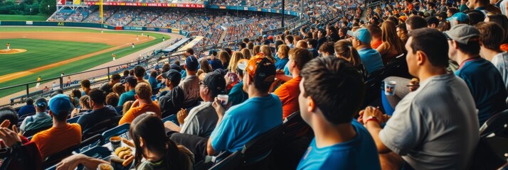A large crowd cheers and enjoys classic ballpark snacks while watching a baseball game from the stands of a busy stadium