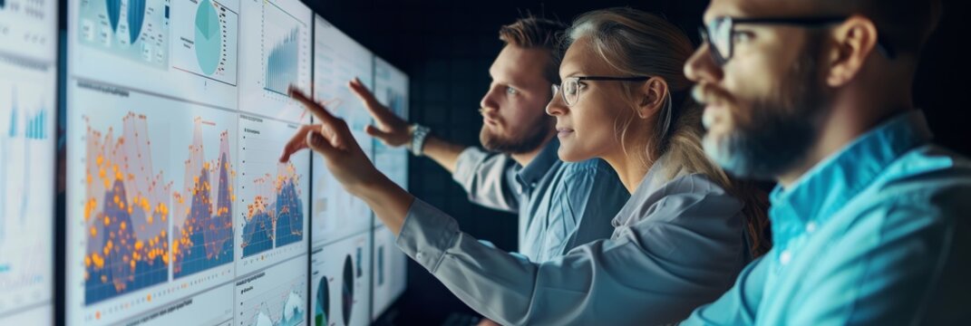 A business team collaborates in a dimly lit room, analyzing data displayed on a large screen. They point at the screen, engaging in lively discussion and strategizing their next moves