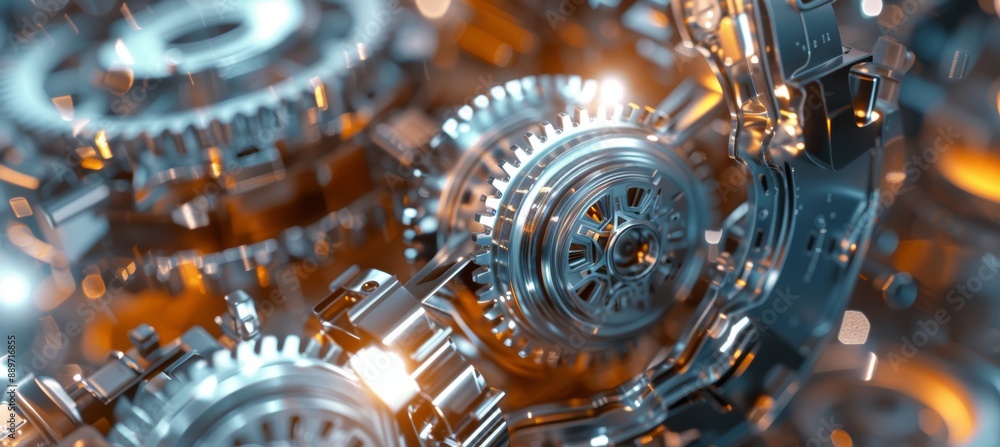 Poster close-up of metallic gears in robotic arm highlighting precision and complexity of modern robotics