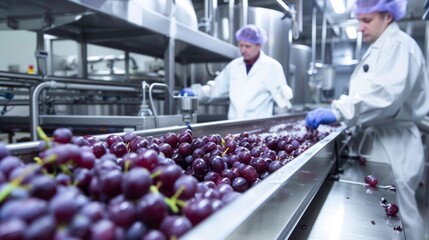 Modern Juice Production Facility with Fresh Grapes and Stainless Steel Equipment for Efficient Processing
