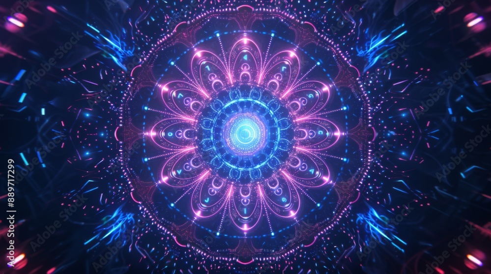 Poster a digital design of a glowing mandala with repeating patterns and vibrant blue and pink neon lights.