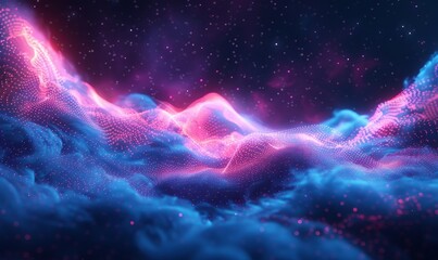 Obraz premium Synthwave wireframe net illustration with smoke or fog. Abstract digital background. 80s, 90s Retro futurism, Retro wave cyber grid. Deep space surfaces. Neon lights glowing. Starry, Generative AI