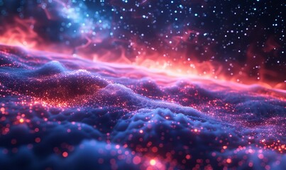 Obraz premium Synthwave wireframe net illustration with smoke or fog. Abstract digital background. 80s, 90s Retro futurism, Retro wave cyber grid. Deep space surfaces. Neon lights glowing. Starry, Generative AI