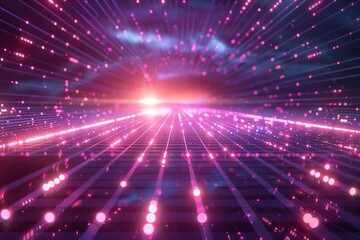 Obraz premium 80s Retro Sci-Fi Background Futuristic Grid landscape. Digital cyber surface style of the 1980`s. 3D illustration. infinite mesh bottom, comets under space grid. Synthwave wireframe net, Generative AI