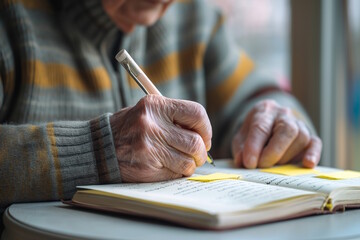 Elderly Person Writing in Journal, window light, memory care concept