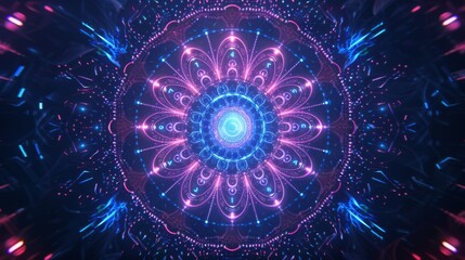 Fototapeta premium A digital design of a glowing mandala with repeating patterns and vibrant blue and pink neon lights.