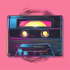 Retro musiccasette with retro colors eighties style, cassette tape,  art image illustration, mix tape retro cassette design, Music vintage and audio theme,  Synthwave and vaporwave, Generative AI