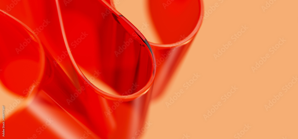 Poster macro of red glass curved stripe with extreme depth of field. place for text. modern abstract red ba