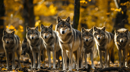 Obraz premium group of wolves in the forest with autumn colors, looking straight ahead at the camera
