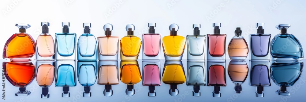 Poster a collection of sleek perfume bottles in various colors are arranged on a reflective surface
