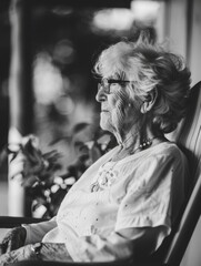 Fototapeta premium Older woman relaxing in a wooden rocking chair, perfect for senior lifestyle or family photography