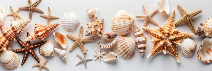 Obraz premium A collection of tropical seashells and starfish arranged on a white background