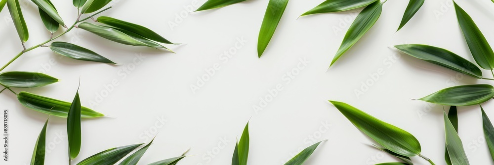 Poster a top-down view of a white surface with a frame of green bamboo leaves. the leaves are arranged in a