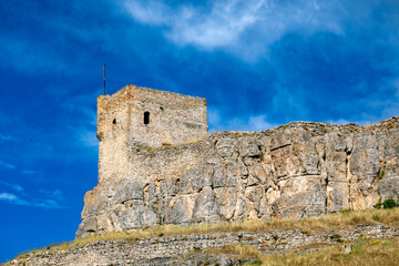 Detail of the medieval castle of Atienza, Guadalajara, Castilla-la Mancha, Spain, on a rock, with its walls and main tower