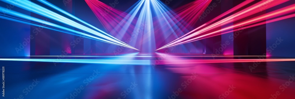 Aufkleber a dark room illuminated by a dramatic light show featuring intersecting beams of blue and red light 