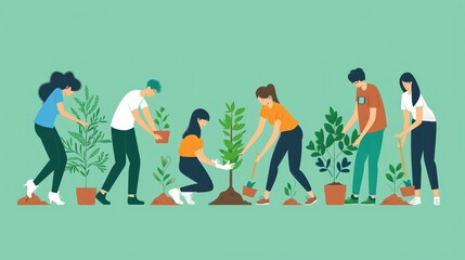 Environmental conservation, volunteers planting trees, flat design illustration