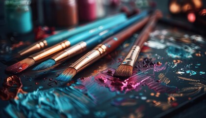 Obraz premium Creative workspace chaos, closeup on art supplies and sketches, the beauty of the creative process