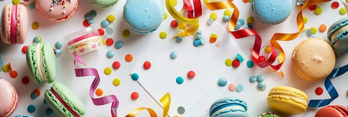 A festive table setting with colorful macarons, streamers, and a blank card for party invitations