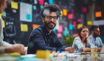 Business Team Discussing Strategy in a Meeting Room at the Office. Latin Male Designer Brainstorming with Heads of Departments and Deciding on a Marketing campaign for New Product, Generative AI