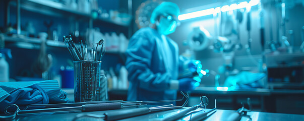 Close-up of sterile surgical instruments on a table with a surgeon preparing in the background under blue lighting in an operating room.