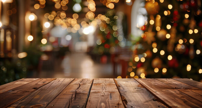 Mesa de madera sobre fondo desenfocado bokeh de decoraci&oacute;n navide&ntilde;a,  con &aacute;rbol de navidad, guirnaldas, concepto navidad
