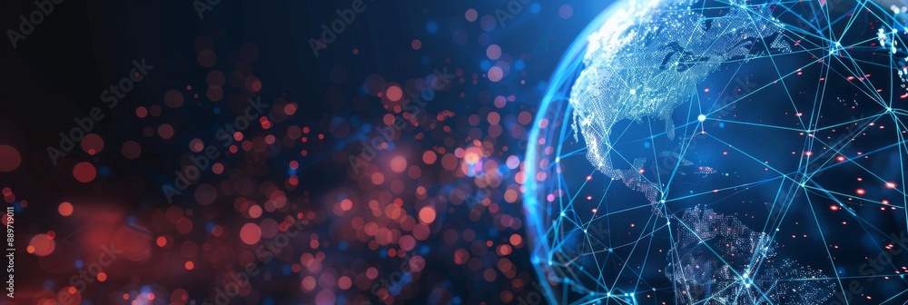 Poster a holographic globe with interconnected lines and dots symbolizing global connectivity, rendered in 