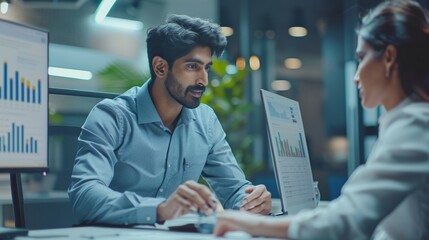 Analyst Having a Meeting to Discuss a Business Project with a Handsome Indian Team Leader. South Asians Colleagues Using Desktop Computer, Comparing Reports and Data in a Modern, Generative AI