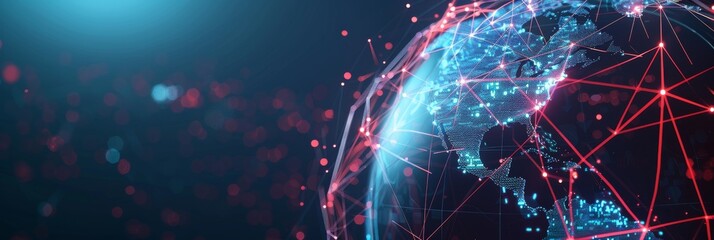 A holographic globe with interconnected lines and dots symbolizes global connectivity. The blue and red colors represent technology and communication