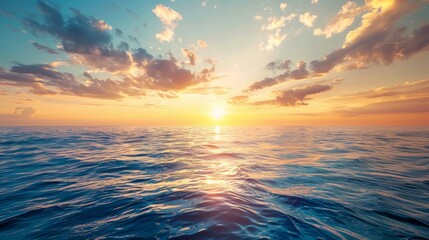 Fototapeta premium Sunset over ocean, calm waves, beautiful sky 