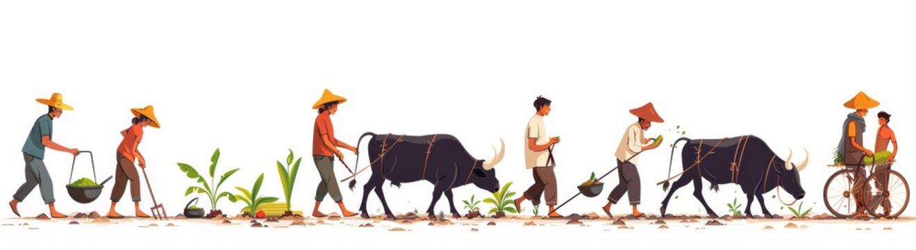 illustration of Indian farmers working with oxen in the field