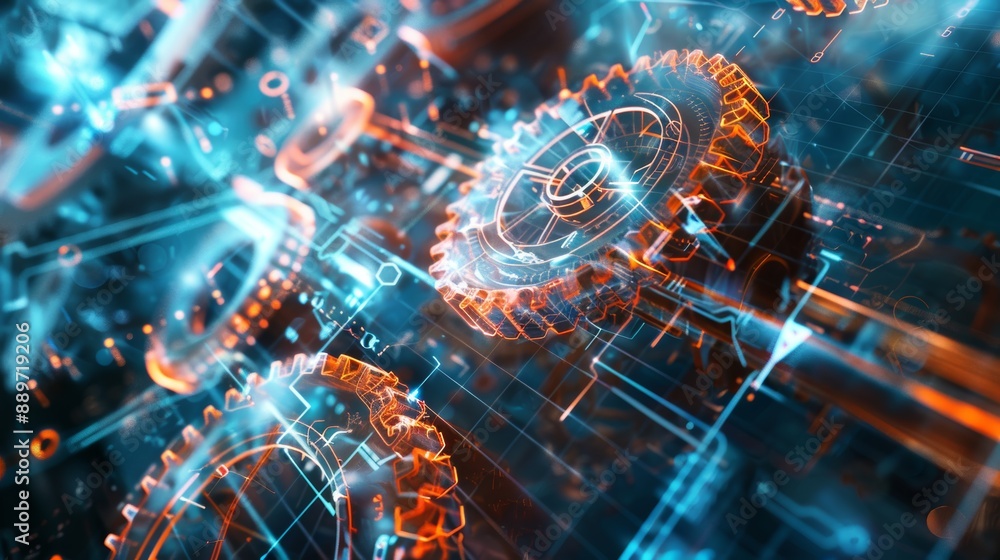 Poster holographic gears on digital grid: advanced engineering concepts for futuristic design