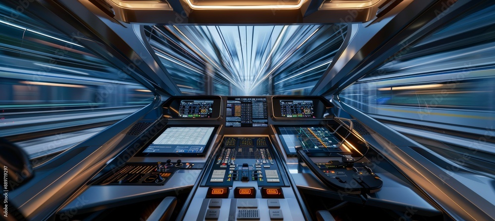 Aufkleber futuristic high-speed train cockpit with advanced control panel and panoramic view of railway in mot