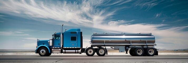 A blue hydrogen-powered semi-truck drives on a road under a cloudy sky. The semi-truck has a visible hydrogen tank, emphasizing its eco-friendly transportation