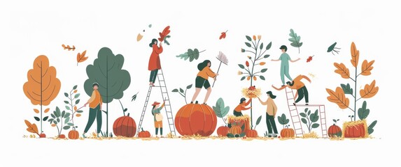 illustration of people working in a garden during autumn season