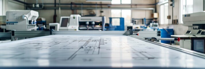 A large format blueprint being printed by an industrial printer in a modern printing facility