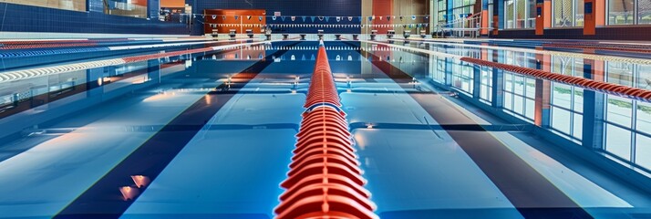 An indoor swimming pool with clear lane markers and a calm atmosphere, ready for a competitive swim meet