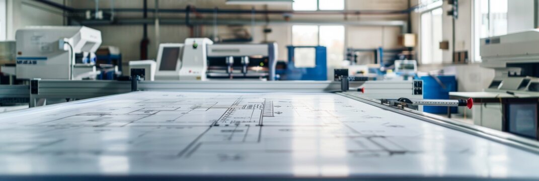A large format blueprint being printed by an industrial printer in a modern printing facility