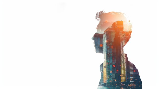 abstract double exposure side profile silhouette of businessman head. modern urban city office buildings semi transparent inside. wallpaper isolated on white background, blank copy space for ads text
