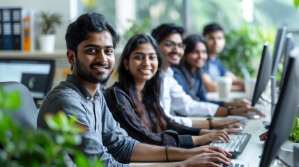 Team of South Asian Specialists Working on Desktop Computers at a Modern Workplace. Indian Software Developers, Managers, Environmental, Social and Governance Specialists Working in, Generative AI