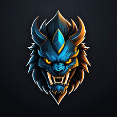 Obraz premium A wild animal head mascot with fangs and horns, a blue mane, sharp teeth, and an angry expression suitable for fantasy, wildlife designs, and t-shirt or sticker screen printing.