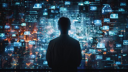 Backview Of Caucasian Man Pressing A Button And Connecting To Metaverse Big Data Visualization with Viral Videos, Advertising, Social Media with Influencers, Online Art and Internet, Generative AI