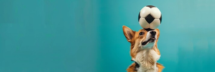 A Welsh Corgi dog balances a soccer ball on its head while looking up, showcasing its agility and playful personality against a bright blue backdrop