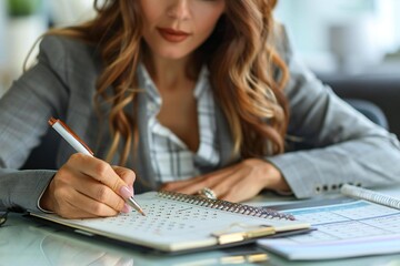 Close-up photo of a businesswoman writing her schedule in a diary next to a calendar, emphasizing the importance of staying organized and productive in a professional setting.