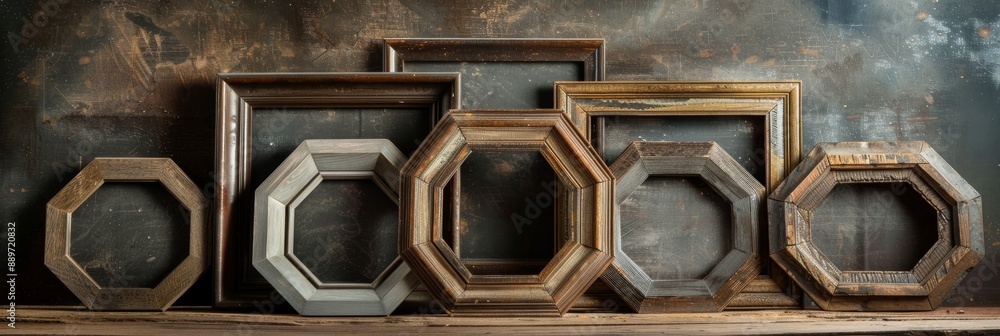Poster a group of octagonal picture frames of various sizes, arranged in an artistic display on a weathered