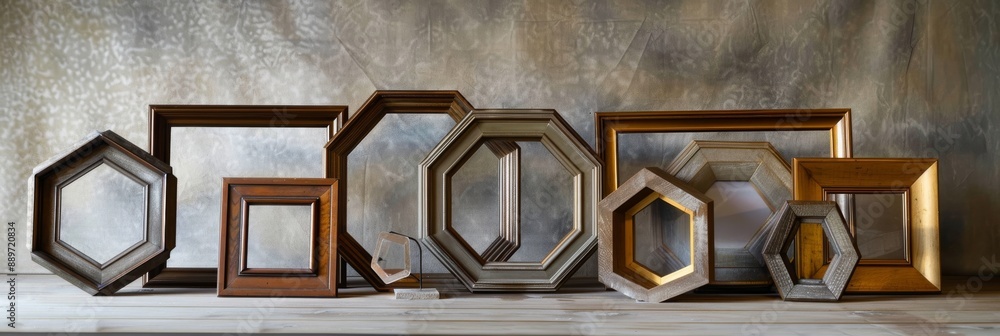 Poster a collection of octagonal picture frames in various sizes are arranged on a wooden surface, set agai
