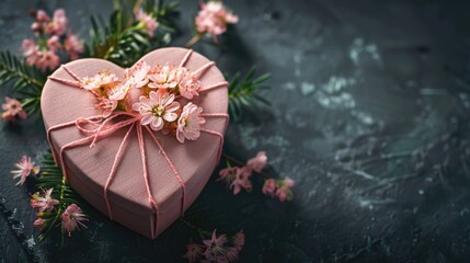 A decorative box with a pink heart shape and filled with flowers, perfect for romantic occasions or as a gift