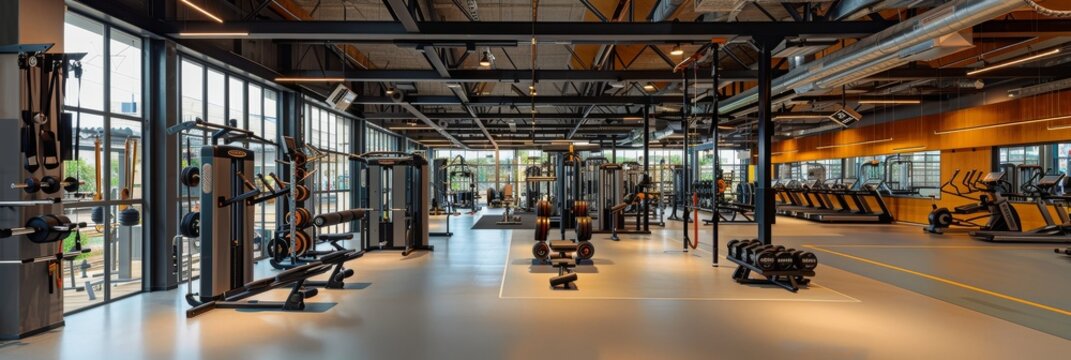 A spacious, well-lit gym featuring rows of modern fitness equipment, including weight machines, treadmills, and ellipticals