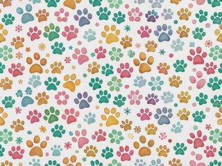 Whimsical seamless pattern featuring adorable cat and dog paw prints in various sizes and directions on a clean white background for versatile design use.